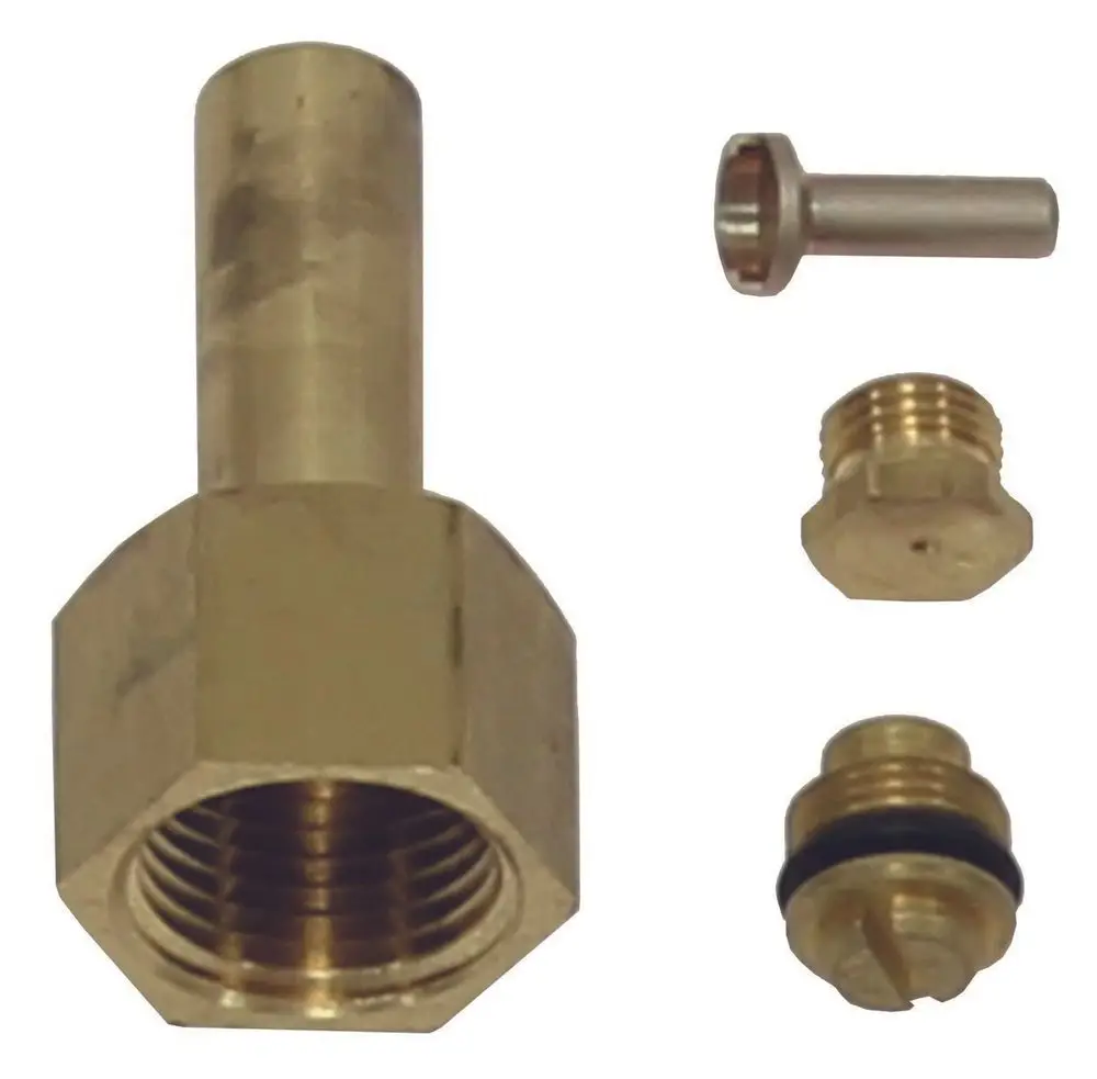 Erdgas-Düsensatz mit mehreren Komponenten, darunter ein Messingadapter und Dichtungen, für die Umstellung von Erdgas auf Flüssiggas von Vaillant.